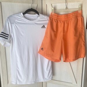 Boys Kids Adidas 2 Pc Tennis Outfit White Tee and Orange Shorts Size 13-14 YL